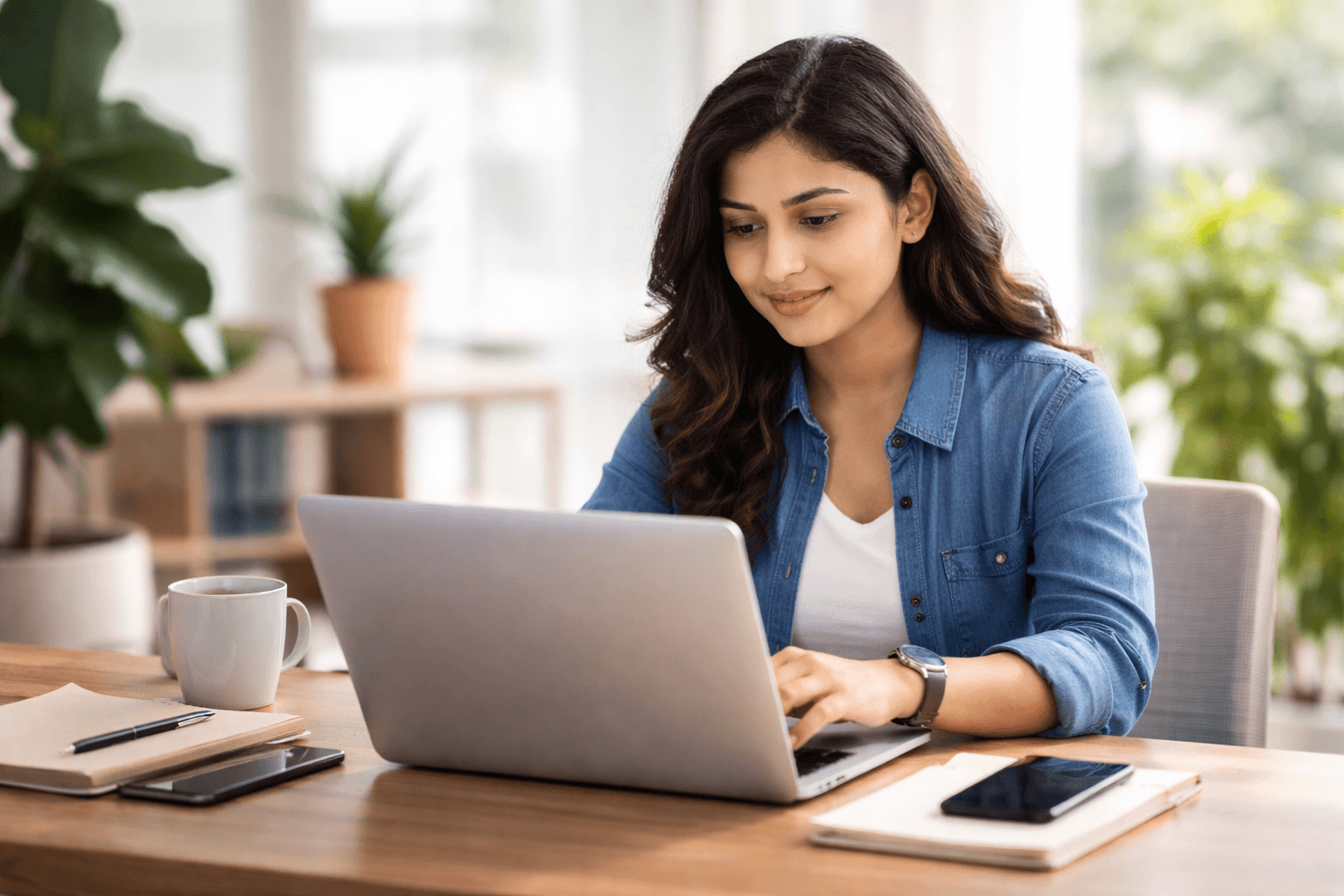 Freelancer professional in India working on laptop browsing verified job listings on Legal Lancer marketplace, modern clean workspace, warm ambient lighting, teal and blue color tones, productivity atmosphere, digital nomad lifestyle