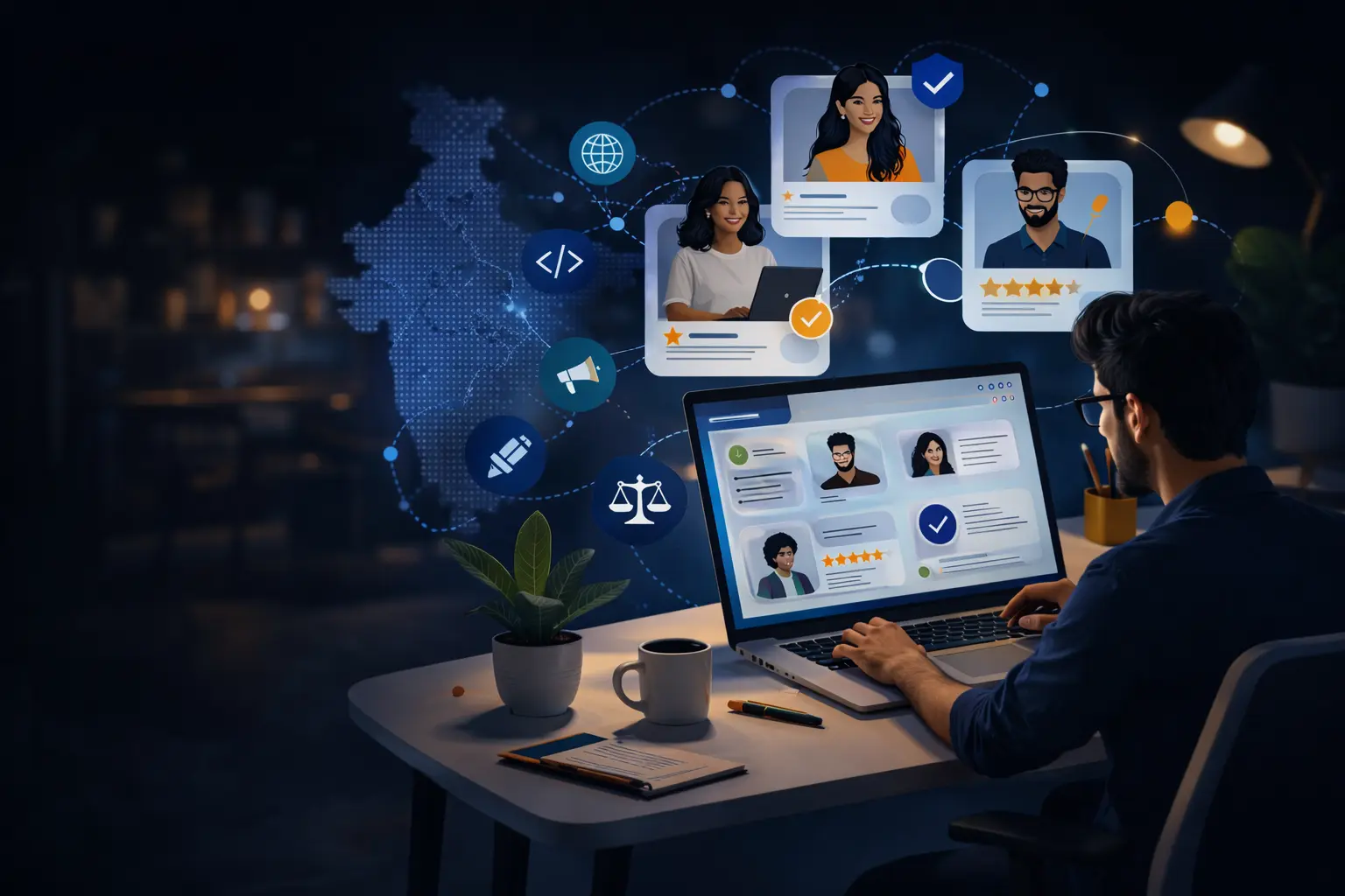 Indian hiring manager browsing top freelancer profiles on a modern talent marketplace dashboard, laptop screen showing verified professional cards with skills, ratings and hire buttons, bright modern office setting, confident and professional atmosphere, teal accent colors