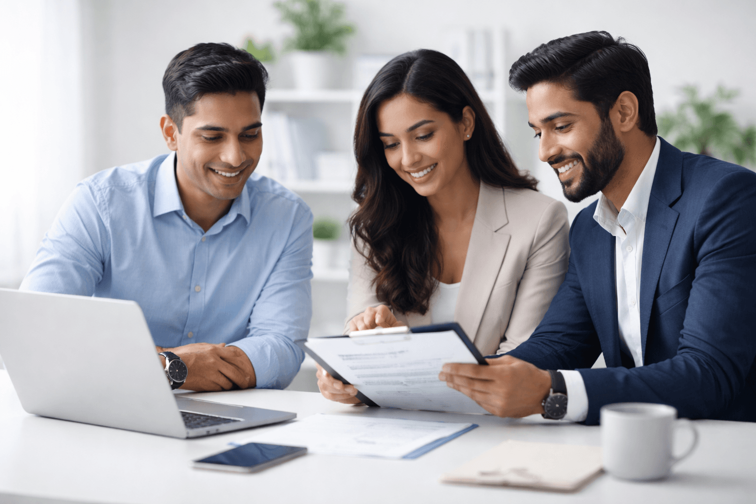 Clean step-by-step hiring process infographic showing four stages: post project, browse verified profiles, secure payment in escrow, receive completed work, connected with arrows, minimal flat design, teal and white color palette, professional business illustration style